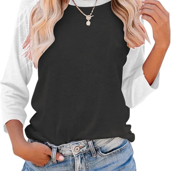 Women's Casual T-Shirts 3/4 Sleeve Color Block Cute Tops Comfy Blouses - Picture 1 of 5
